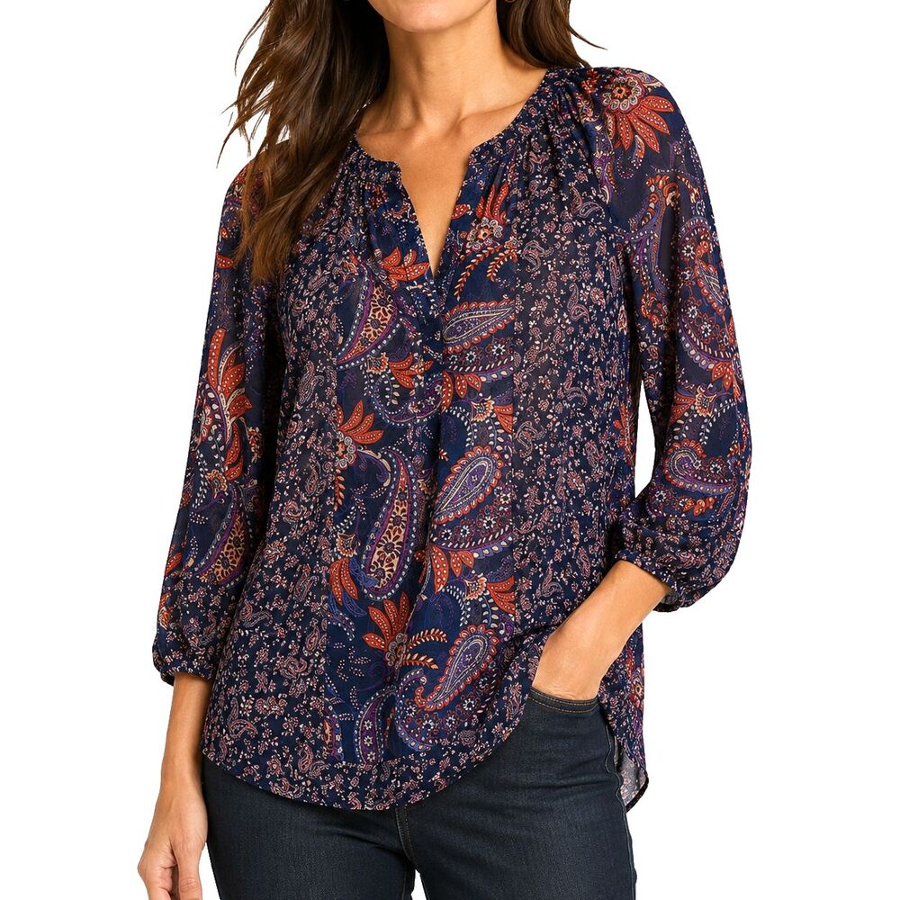Chaps Ralph Lauren Womens Blouse PM Paisley Floral Peasant V Neck Boho Top